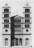 Zeichnung: Südfassade (Portal mit Türmen)